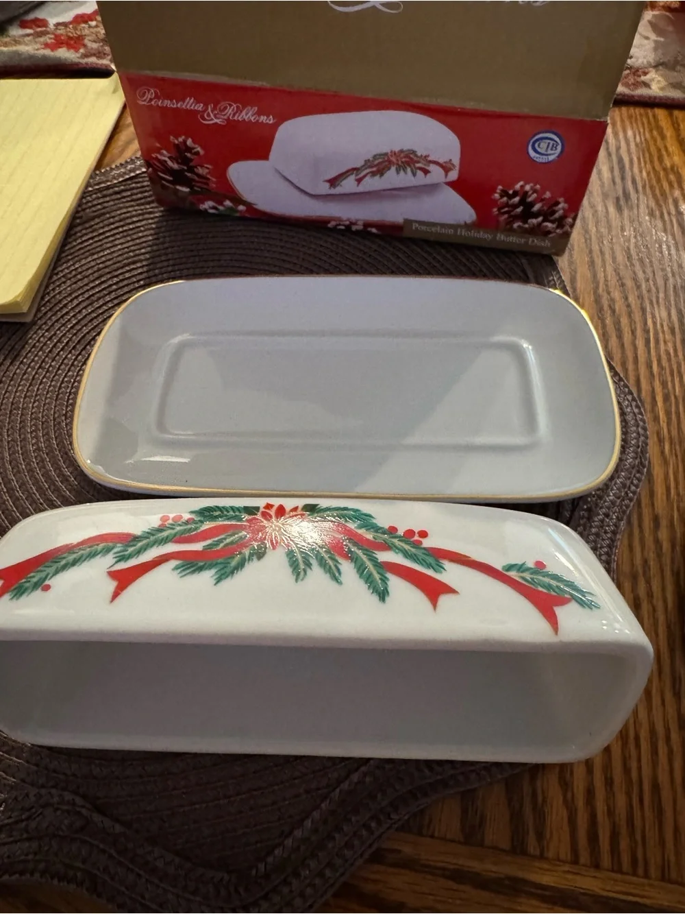 Ceramic Butter Dish - White with Red & Green Holiday Design